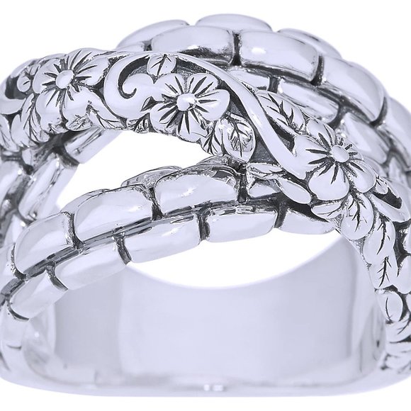 John Hardy JAI Wide Floral Carved Cross-Over Band Sterling Silver Ring - 6.5 - Picture 5 of 13